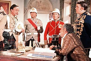 Carry On... Up The Khyber. Image shows from L to R: Pte. James Widdle (Charles Hawtrey), Sgt. Major Macnutt (Terry Scott), Capt. Keene (Roy Castle), Sir Sidney Ruff-Diamond (Sid James), Major Shorthouse (Julian Holloway). Copyright: Peter Rogers Productions