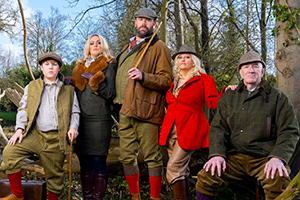 King Gary. Image shows from L to R: Teddy King (Riley Burgin), Terri King (Laura Checkley), Gary King (Tom Davis), Denise King (Camille Coduri), Big Gary King (Simon Day). Copyright: Shiny Button Productions King Gary. Image shows from L to R: Teddy King (Riley Burgin), Terri King (Laura Checkley), Gary King (Tom Davis), Denise King (Camille Coduri), Big Gary King (Simon Day). Copyright: Shiny Button Productions