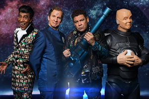 Red Dwarf. Image shows from L to R: Cat (Danny John-Jules), Rimmer (Chris Barrie), Lister (Craig Charles), Kryten (Robert Llewellyn). Copyright: UKTV Red Dwarf. Image shows from L to R: Cat (Danny John-Jules), Rimmer (Chris Barrie), Lister (Craig Charles), Kryten (Robert Llewellyn). Copyright: UKTV